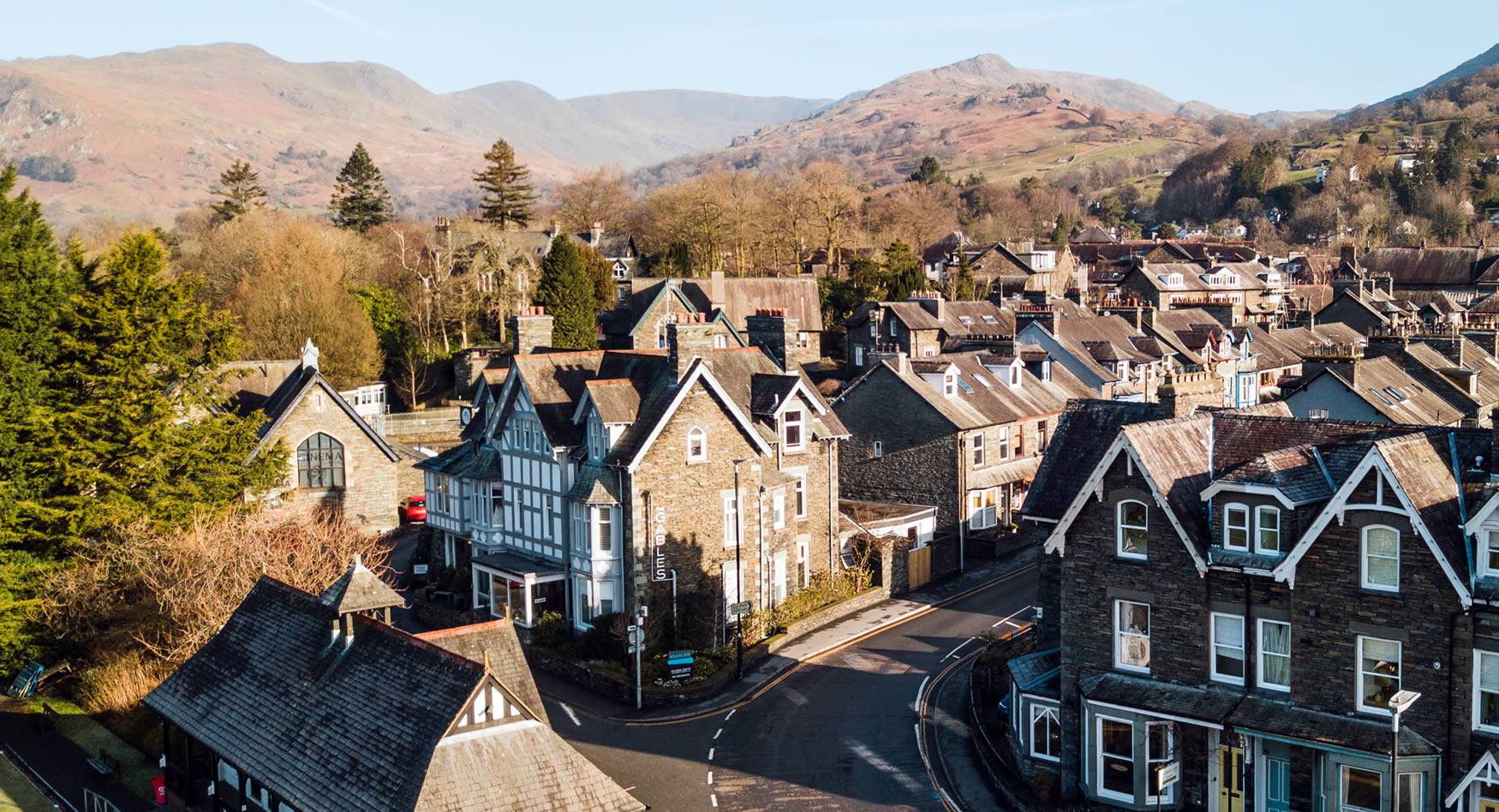 Aerial view of The Gables Guest House, a Victorian stone house in Ambleside