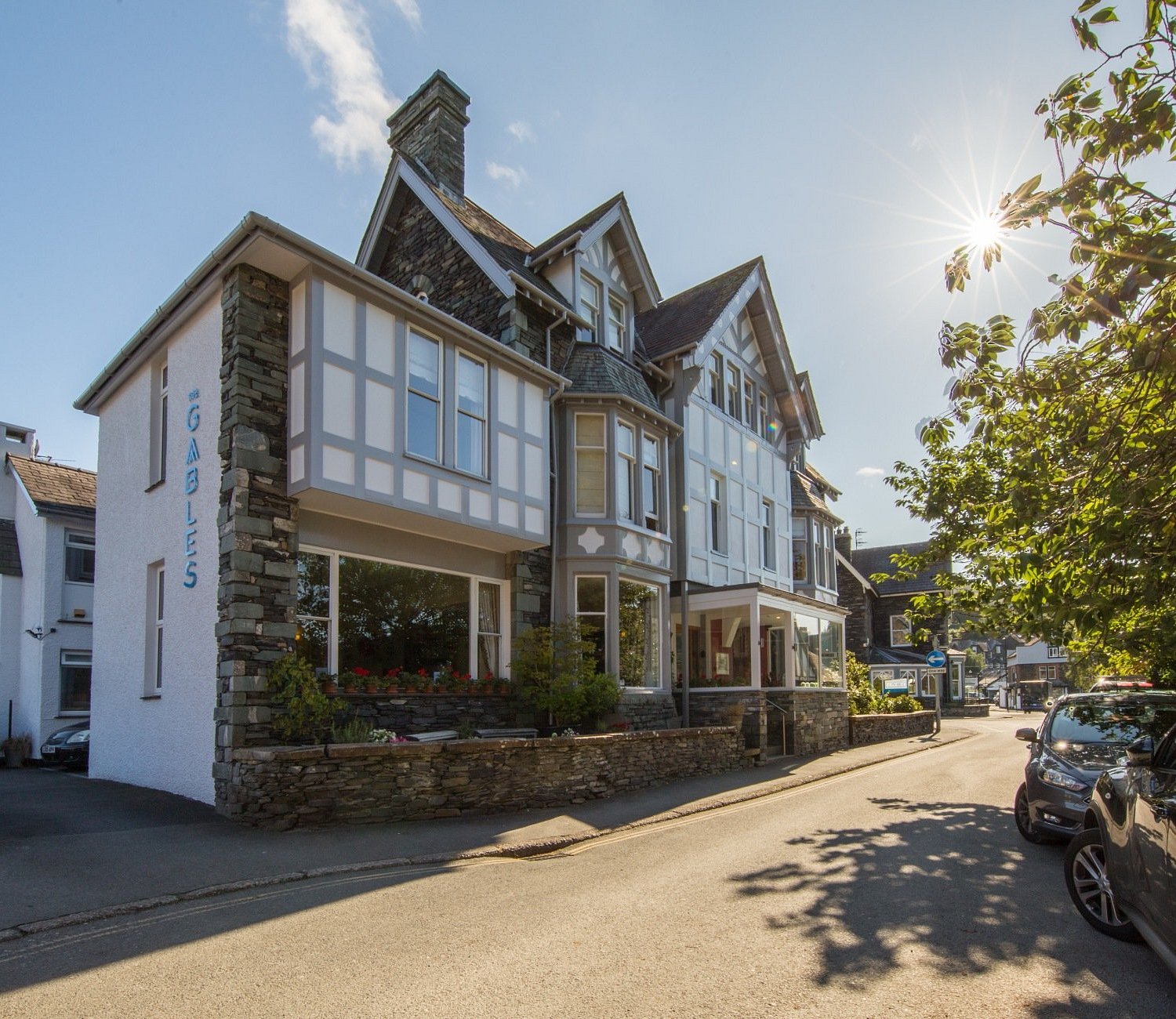 The front of The Gables Guest House on Church Walk, beside the spire of St Mary's Church